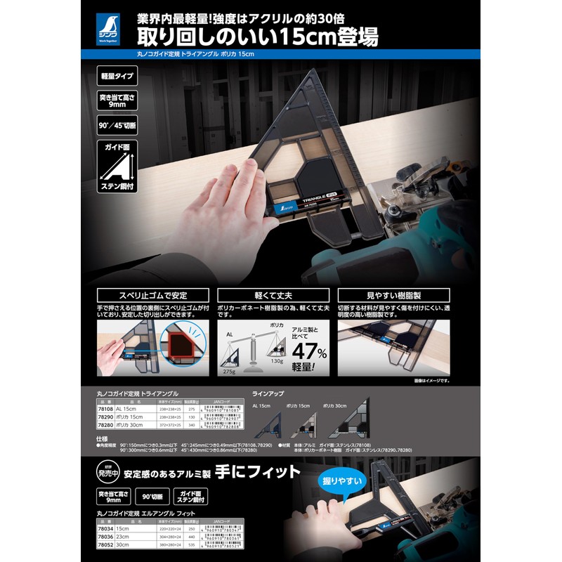 Shinwa Sokutei 78290 Circular Saw Guide Ruler, Triangle Polyka, 5.9