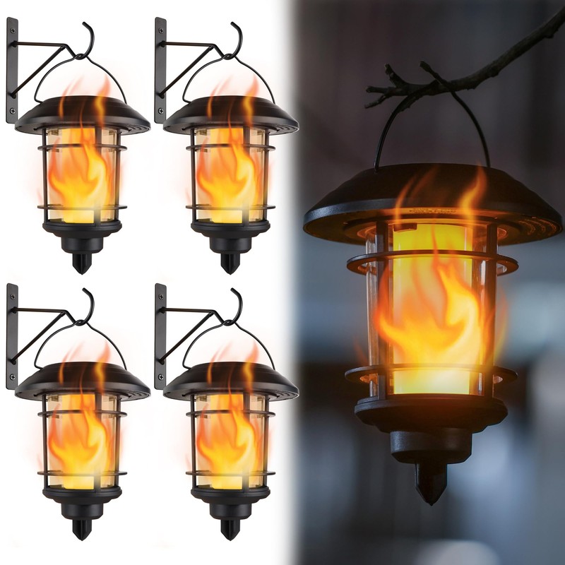 Dynaming 4 Pack Solar Flame Wall Lanterns Outdoor, Solar Powered