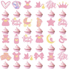 24 Pack It's a Girl Cupcake Toppers Pink Glitter Oh Baby Shower Cupcake Toppers for Baby Shower Gender Reveal Girls Birthday Party Supplies