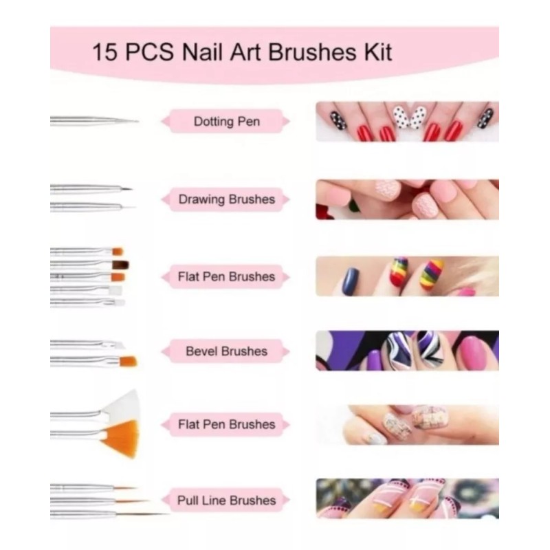 Nail Art Kit 15 Pinceles De Uñas Para Decoración Mano