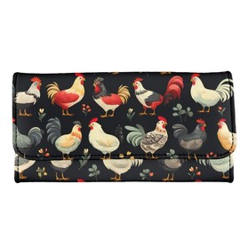 Jolamirel Chicken Rooster Women's PU Leather Three Fold Wallet Long Trifold, Farm Rooster Handcrafted Stitching Credit Card Money Organizer With ID Window Black