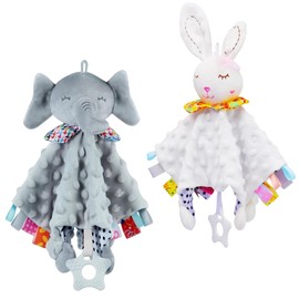 KOSMOX Manta de Apego para Bebé con Sonajas, Manta de Elefante & Conejo, Juguetes para Bebé de 0 a 6 Meses con Mordedera para Bebé Mordedor de Silicona y Etiquetas (Blanco Gris)