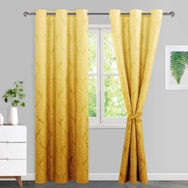 JIUZHEN Yellow Ombre Blackout Curtains for Bedroom– Damask Patterned Thermal Insulated Room Darkening Grommet Window Curtains with Tiebacks, 42 x 84 Inches, Set of 2 Panels