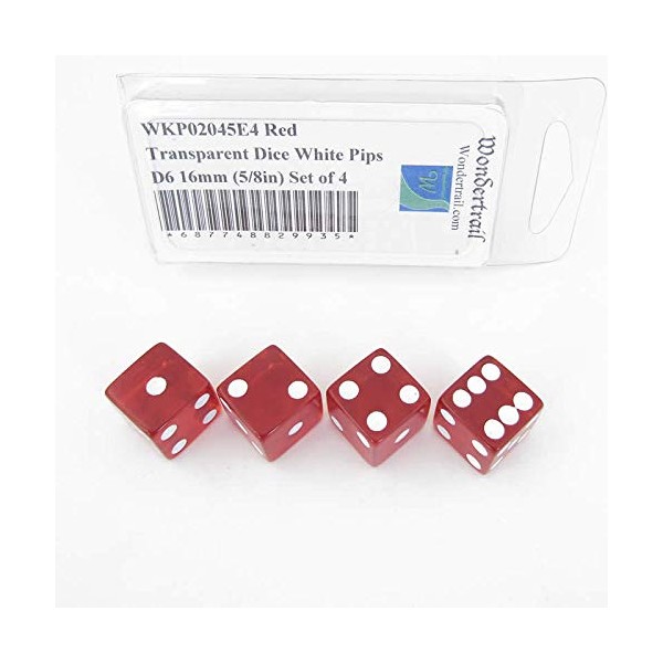 Red Transparent Dice with White Pips Square Corners D6 16mm (5/8in) Set of 4 Wondertrail
