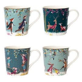 Sara Miller Woodland Tales Collection Christmas Mugs Set of 4 with 22ct Gold Detail