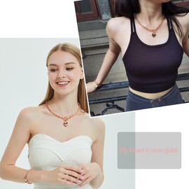 Rose Gold Heart Pendant Necklace and Bracelet Chain Stainless Steel Toggle Drop IPRG Jewelry Set (Rose Gold)