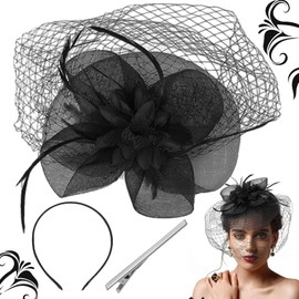 Women's Elegant Feather Hair Clip Hat, Mesh Tea Party Headband, Fascinators for Girls Tea Party Hats, Fascinator Hat for Women, Black Feather, Suitable for Jockey Club, Wedding in Party Hall (Black)