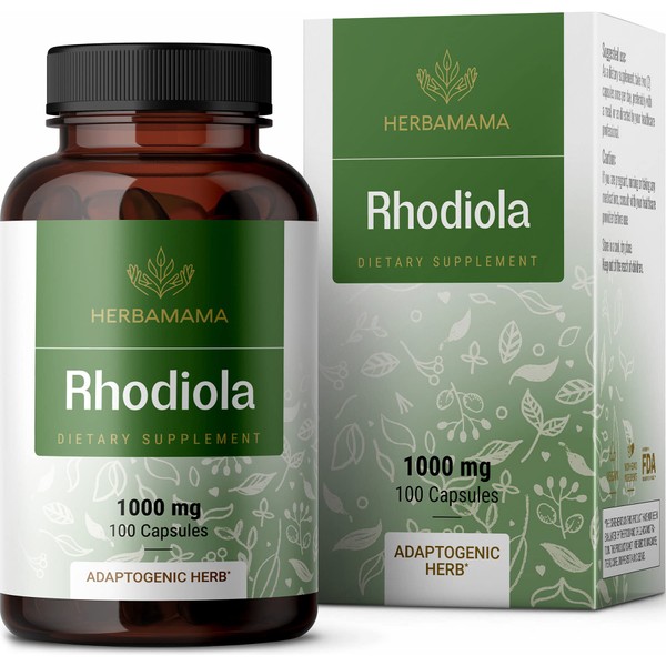 HERBAMAMA Rhodiola Rosea Capsules - Organic Rhodiola Rosea Herb Supplement - Rhodiola Root Pills - 1000mg, 100 Caps