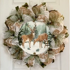 What a Mesh by Diana Winter Deer With Iced Greenery Handmade Deco Mesh Wreath