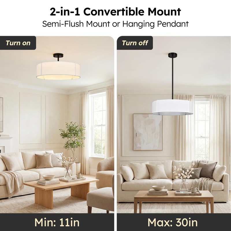 PUMING 19.7" 5-Light Black Drum Chandelier with Modern White Linen