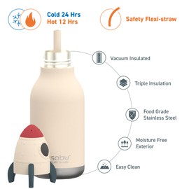 asobu Bestie Bottle Insulated Stainless Steel Water Bottle with Detachable Soft Animal Head Fun Drinking For Kids and Teens with Flexible Reusable Straw 16 Ounce (Rocket Checker)