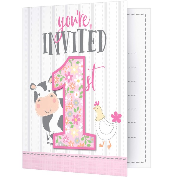 Creative Converting 340137 Barn Animals 1st Birthday Pink Invitation Card Foldover
