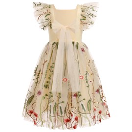 IDOPIP Embroidery Flower Girl Dress for Kids Baby Wedding Party First Communion Dresses Toddler Princess Pageant Formal Birthday Gown Ruffle Backless Bowknot Puffy Tulle Dress Apricot Floral 4-5 Years