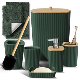 Clara Clark Bathroom Set - Hunter Green Bathroom Accessories Set, 6PC Bathroom Accessory Set, Bathroom Sets with Bathroom Rugs, Toilet Brush, Trash Can & Soap Dispenser