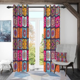 ggaimwf 46"x 72" Boho Patchwork Eyelet Curtain Multicolor Mandala Abstract Pattern Moroccan Pattern Insulated Thermal Grommet Blackout Window Drapes for Bedroom Living Room Kitchen,2 Panels