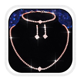 Aukmla Rhinestones Bridal Wedding Jewelry Sets Sparkly Necklace Earrings Bracelet Set Prom Formal Jewelry for Brides and Women (Rose Gold)