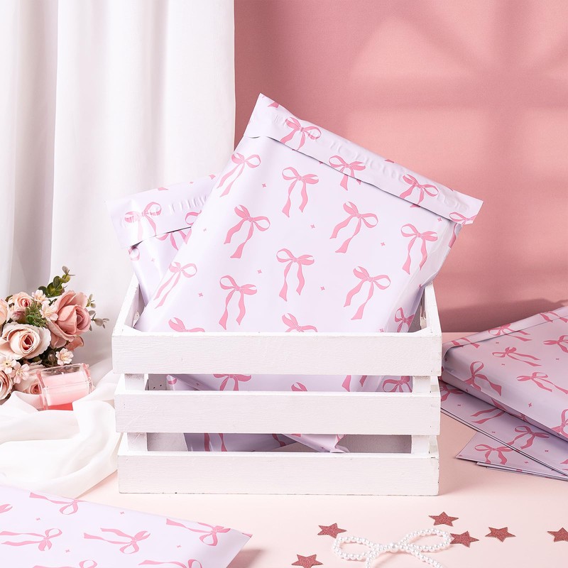 RUSPEPA 100 Pcs Pink Bow Poly Mailer, Coquette Bowknot Waterproof