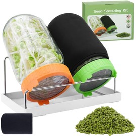 Kit de frascos de germinación de semillas con frijoles mungo de 2.9 onzas, 2 frascos grandes de boca ancha tipo Mason con tapas de germinación, mangas opacas, bandeja de drenaje, kit de cultivo de