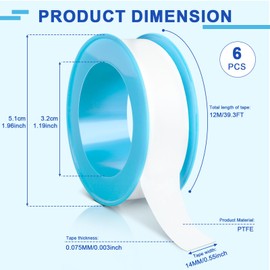AiQInu 6 Rolls Teflon Tape Thread Sealing Tape, 12 m x 14 mm PTFE Sealing Tape, PTFE Tape, Thread Sealing Tape for Pool, Kitchen, Industry, White