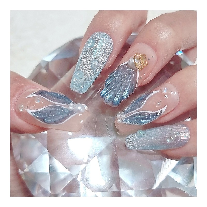 Whale Tail Blue Handmade Nail Tips - Short Ballerina /