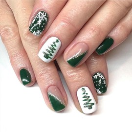 Christmas Press on Nails Square Short Fake Nails Christmas Tree False Nails With Snowflake French Designs Glitter Dark Green Full Cover Stick on Nails Acrylic Xmas Winter Artificial Nails for Women