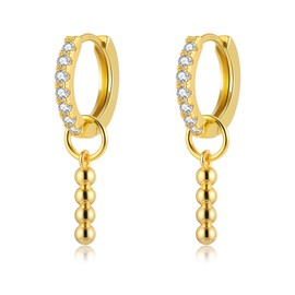 DAILY VIBES Gold Bead Bar Dangle Earrings for Women Hypoallergenic Dainty 14K Gold Plated Mini Cubic Zirconia Cute Drop Cartilage Small Huggie Hoop Earrings for Women