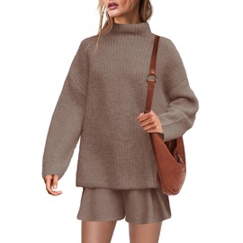SENSERISE Womens Sweater Skirt Set 2 Piece Outfits Oversized Lounge Sets Turtleneck Knit Tops Mini Dress(Taupe,L)