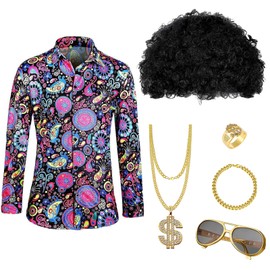 Mens 70s 80s Disco Costume Set Wigs Hairpieces Hippie Accessories Set Funky Afro Wig Sunglasses Necklace Theme Party Cosplay