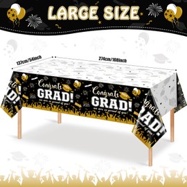 3 Pack Graduation Tablecloth Party Decorations, Class of 2025 Congrats Grad Plastic Tablecover Party Supplies, Black and Gold Rectangle Graduation Table Decor for College High School Party, 54x108Inch