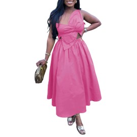 YUEWOO Midi Dresses for Women Casual Summer Sundresses Vacation Outfits Spaghetti Strap Smocked Womens Maxi Dress with Pockets One Shoulder Pink S