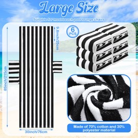SmoothNovelty 6 Pcs Pool Chair Covers 30 x 85 Inch Large Lounge Chair Cushion Covers with Top and Side Pocket Stripe Beach Chair Towels for Summer Outdoor Indoor Pool Beach Patio Furniture(Black)