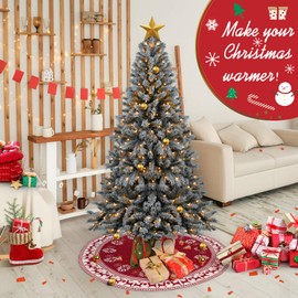 Minicoco Large Christmas Tree Skirt, 48 Inch Red Christmas Tree Skirts Thick Knitted Double-Sided Christmas Tree Decorations with Snowflakes and Reindeer Xmas Tree Skirt for Indoor Holiday Party