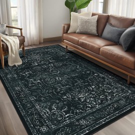Jainmy Vintage Black Washable Area Rugs 5x7 for Living Room, Distressed Medallion Printed Rugs for Bedroom, Non Slip Washable Low Pile Thin Carpet Rugs for Dining Room/Kitchen/Foyer/Home Office