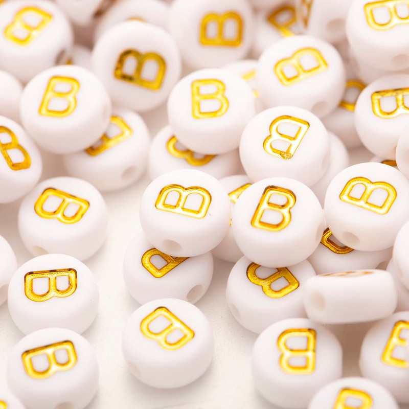 200Pcs Acrylic Letter Beads Alphabet Gold Letter B White Beads