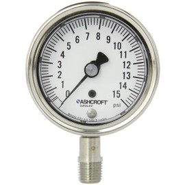 Ashcroft Duralife Type 1009SW Stainless Steel Case Pressure Gauge with Stainless Steel System, 2.5" Dial Size, 1/4" NPT Lower Connection, 0/15 psi Range
