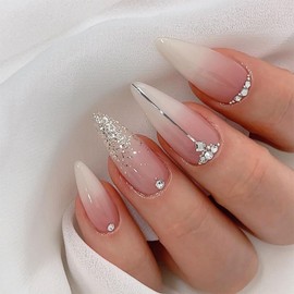 24 Pcs Almond Press on Nails Medium Fake Nails with Designs Pink French Tip Acrylic Nails Glue on Silver Glitter Rhinestone Charms False Nails Artificial Nails Full Cover Stick on Nails for Women