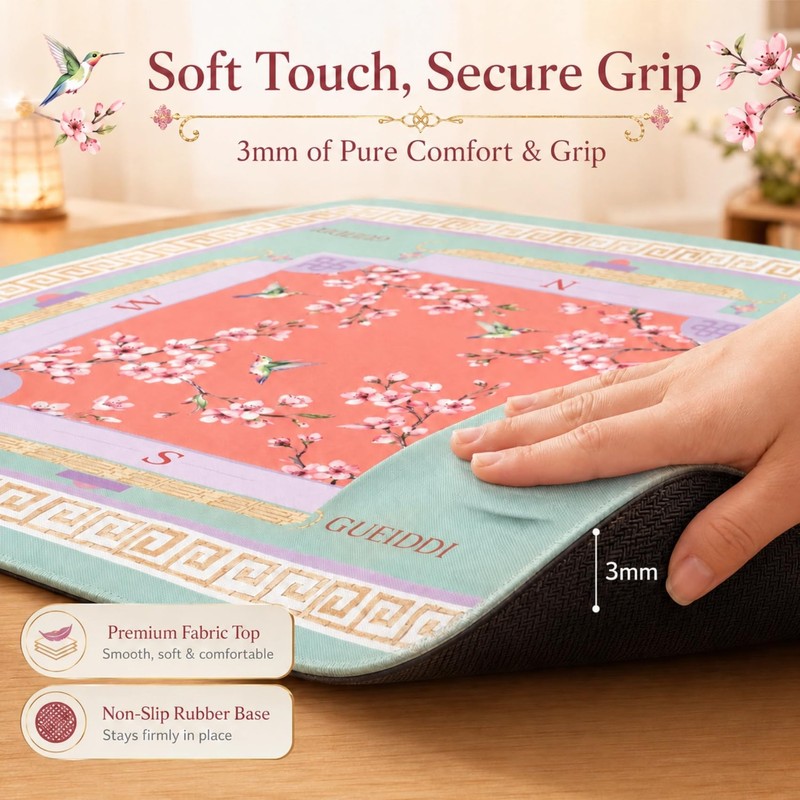 Gueiddi Premium Pink Floral Mahjong Mat 33"x33" , Smooth Glide