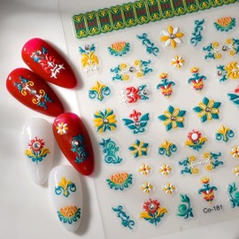 5D Embossed Flower Nail Art Stickers Yellow Green Nail Stickers Bohemia Designs Nail Decals Supplies Self Adhesive DIY Manicure Acrylic Decoration Accessories for Women Girls Kid