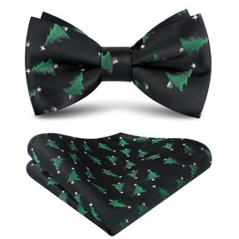 HISDERN Men's Christmas Bow Tie and Pocket Square Set Xmas Green Bow Tie Pre Tied with Handkerchief with Christmas Tree for Christmas Party