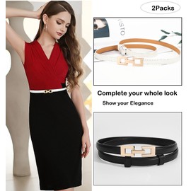 Doneboo Pack of 2 Skinny Belts, Slim Waist Belt for Women, Adjustable Thin Belt, Leather Belt with Gold Metal Buckle for Dress, White+Black