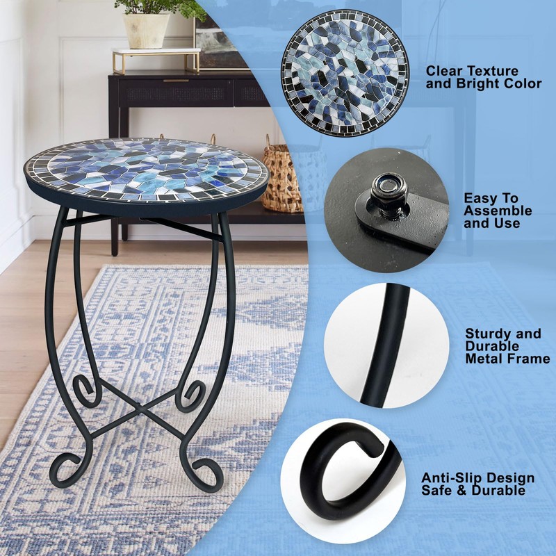 LIFFY Outdoor Side Table,12" Round Ceramic Tile Tabletop Accent Table