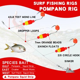 Pompano Rig for Surf Fishing - 6/12 PCS Pompano Rigs Saltwater for Pompano Bait, Whiting Rigs - Pompano Floats,2/0 Fishing Hooks,Mono line and Crane Swivel Snaps (Style1-Red&Yellow, 3Arms-6PACK)