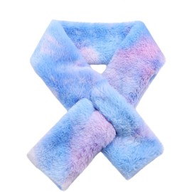 Newfancy Kids Winter Rainbow Scarf Gradient Cross Tie Collar Fluffy Fur Plush Shawl Wrap Neck Warmer for Toddler Girls Boys Gradient Blue