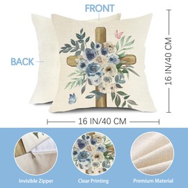 Fjfz Some Bunny Loves You Easter Christian Decorative Throw Pillow Covers 16 x 16 Set of 4, Religious Cross Rabbit This is Us Blue Outdoor Home Decor, Spring Bless This Home Flower Couch Cushion Case