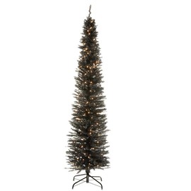 National Tree Company Pre-Lit Artificial Christmas Tree, Black Tinsel, White Lights, Includes Stand, 7 feet