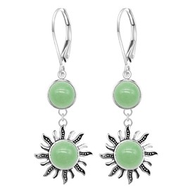 Natural Green Dongling Jade Stone Sun Dangle Earrings,Silver Round Oval Double Real Two Aventurine Quartz Crystal Gemstone Drop Earrings Jewelry for Women (A03_Dongling Jade)