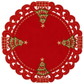 Grelucgo Embroidered Christmas Holiday Holly Tree Table Doily Place-mats (Round 16 (Set of 4))