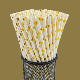 YAOSHENG Paper Straws for drinking, Pack 100 Gold Polka Dots Paper Straws for Cocktail Party Supplies,Birthday,Wedding,Bridal/Baby Shower,Juice,shakes,Smoothies
