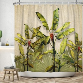 ASDCXZ Leaves Shower Curtain 180 x 180 cm, Vintage Tropical Green Banana Leaves Palm Leaves Bathroom Washable Shower Curtains Polyester Textile Waterproof Bath Curtain for Bathtub with 12 Hooks