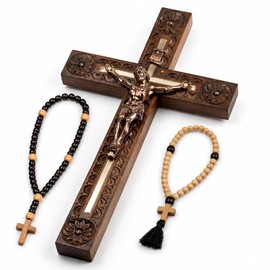 Woodvio - Handmade Wooden Wall Cross, Hand Carved Surface, Catholic Crucifix